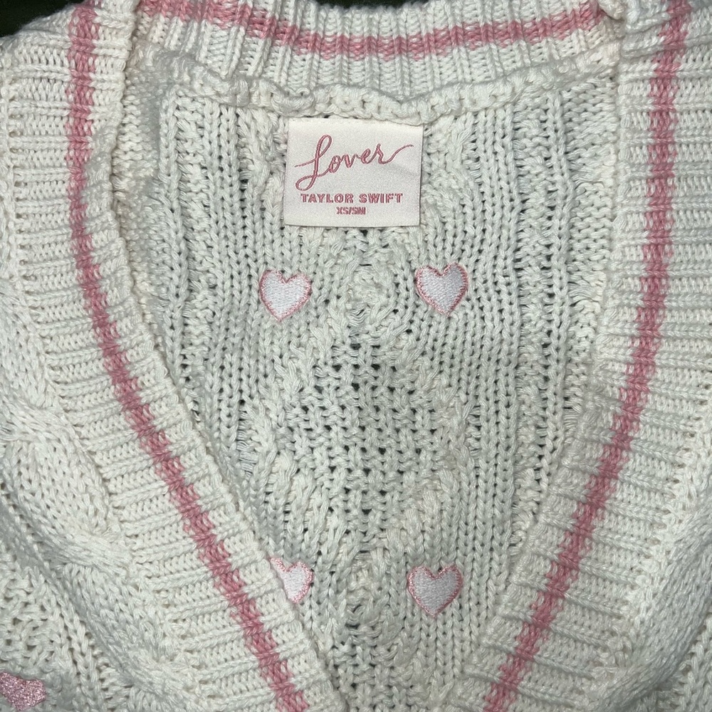 Taylor Swift Cream V-Neck Sweater with Pink Trim